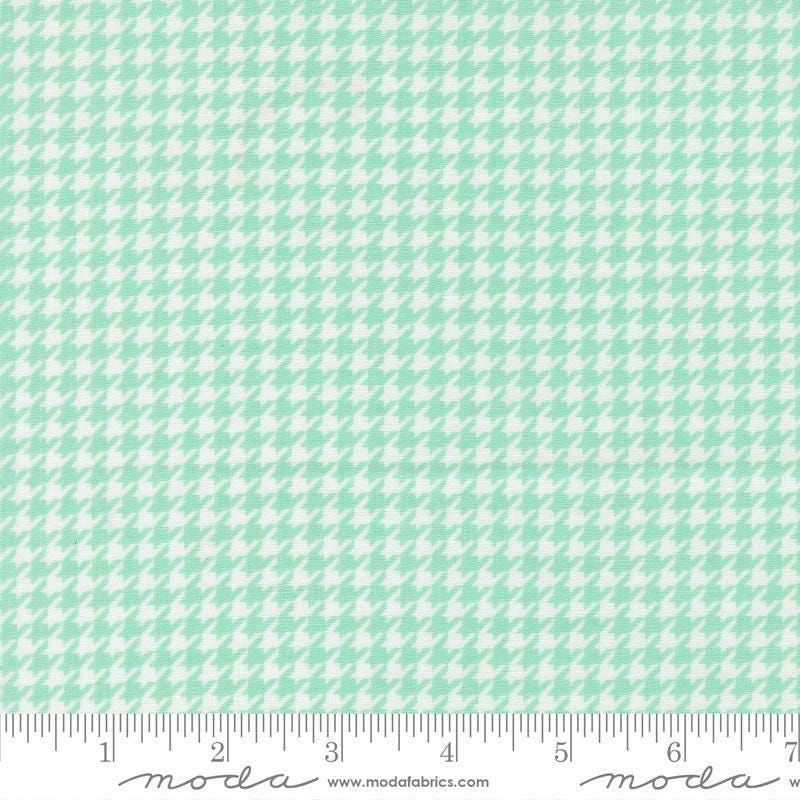 Image of Delightfully Yours Checks Aqua quilting cotton fabric by Sherri & Chelsi for Moda Fabrics. Features houndstooth on a blue background. Cute Little Fabric Shop