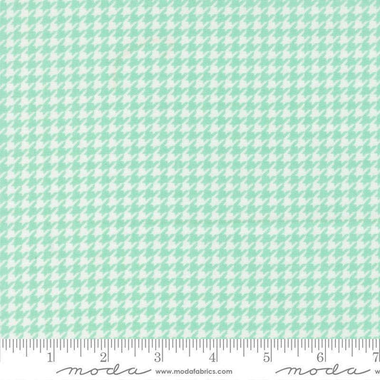 Image of Delightfully Yours Checks Aqua quilting cotton fabric by Sherri & Chelsi for Moda Fabrics. Features houndstooth on a blue background. Cute Little Fabric Shop