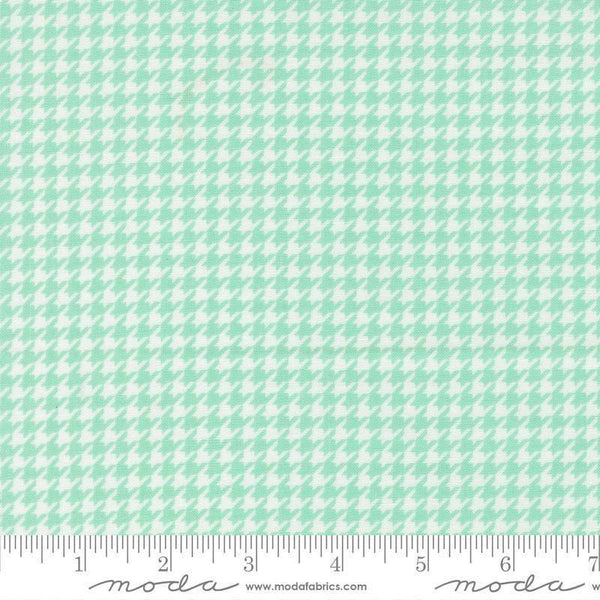 Image of Delightfully Yours Checks Aqua quilting cotton fabric by Sherri & Chelsi for Moda Fabrics. Features houndstooth on a blue background. Cute Little Fabric Shop
