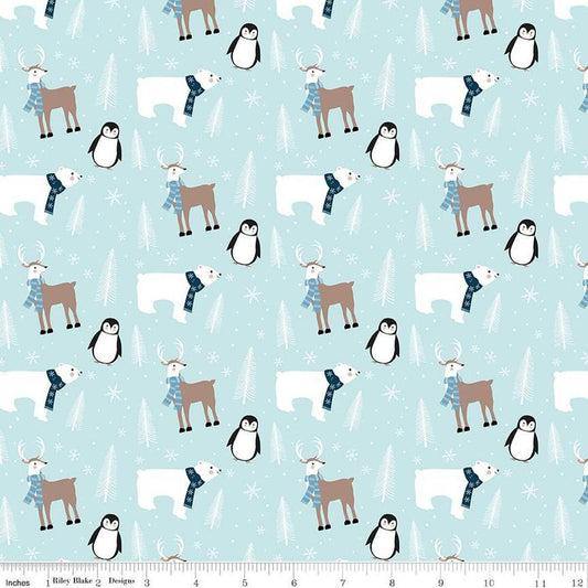 Image of Flannel Winter Magic Winter Animals Aqua flannel cotton fabric by Dani Mogstad for Riley Blake Designs. Features animals on a blue background. Cute Little Fabric Shop