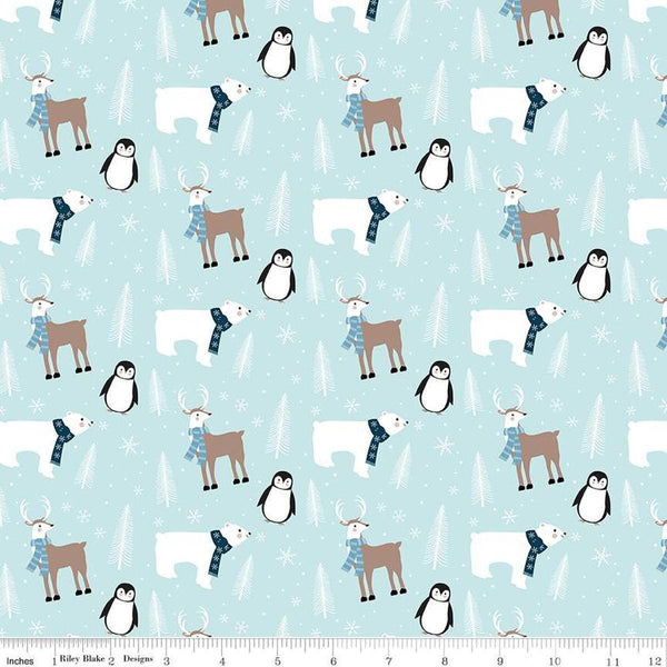 Image of Flannel Winter Magic Winter Animals Aqua flannel cotton fabric by Dani Mogstad for Riley Blake Designs. Features animals on a blue background. Cute Little Fabric Shop