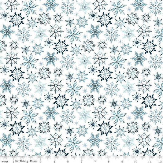 Image of Flannel Winter Magic Magic Snowflakes White flannel cotton fabric by Dani Mogstad for Riley Blake Designs. Features snowflakes on a white background. Cute Little Fabric Shop