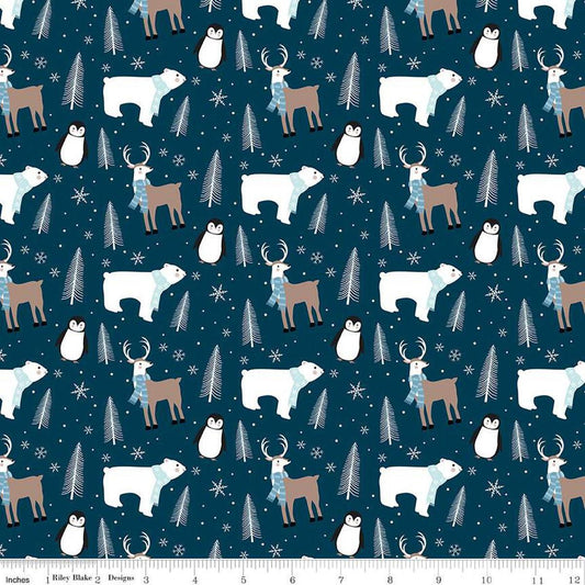 Image of Flannel Winter Magic Winter Animals Navy flannel cotton fabric by Dani Mogstad for Riley Blake Designs. Features animals on a blue background. Cute Little Fabric Shop