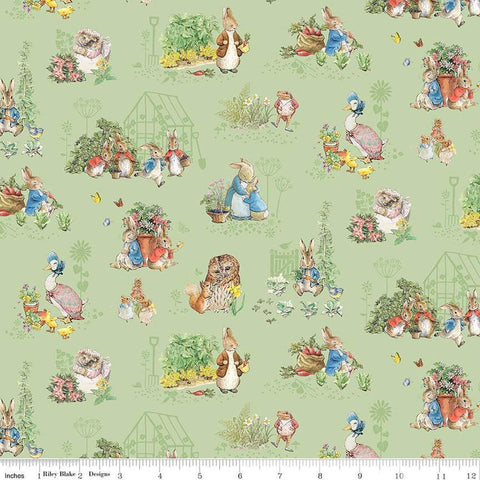 Image of Flannel Peter Rabbit™ & Friends Characters Fern flannel cotton fabric by Riley Blake Official Licensed Product for Riley Blake Designs. Features animals on a green background. Cute Little Fabric Shop
