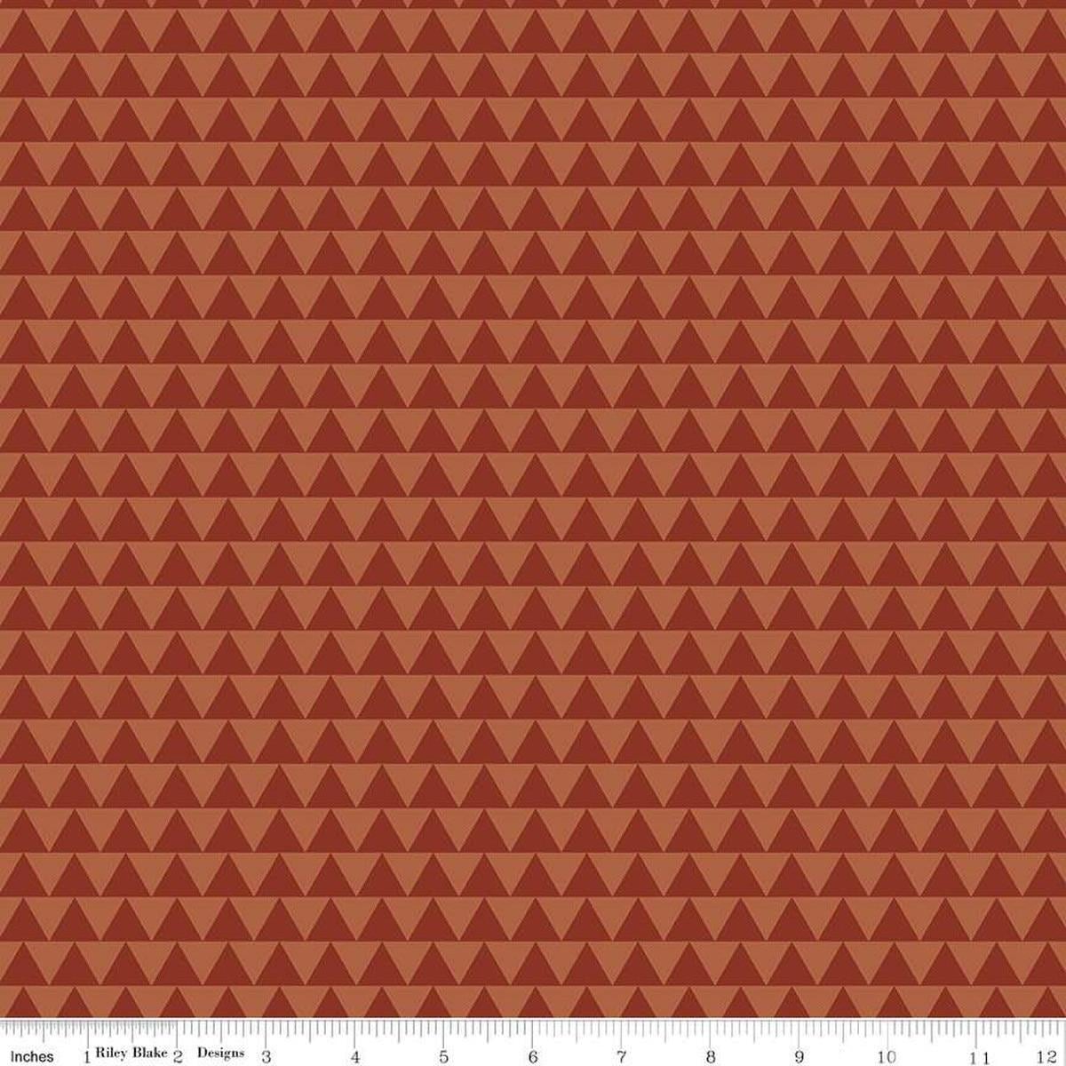 Image of Flannel Into the Woods Triangles Rust flannel cotton fabric by Diane Labombarbe for Riley Blake Designs. Features triangles on an orange background. Cute Little Fabric Shop