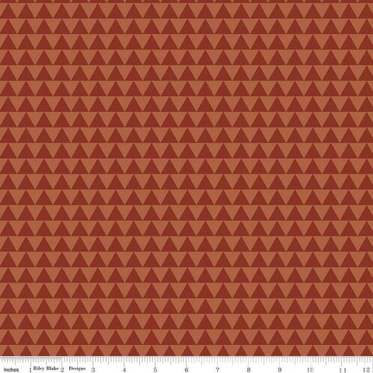 Image of Flannel Into the Woods Triangles Rust flannel cotton fabric by Diane Labombarbe for Riley Blake Designs. Features triangles on an orange background. Cute Little Fabric Shop