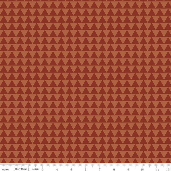 Image of Flannel Into the Woods Triangles Rust flannel cotton fabric by Diane Labombarbe for Riley Blake Designs. Features triangles on an orange background. Cute Little Fabric Shop