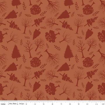 Image of Flannel Into the Woods Trees Rust flannel cotton fabric by Diane Labombarbe for Riley Blake Designs. Features plants on an orange background. Cute Little Fabric Shop