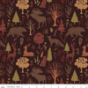 Image of Flannel Into the Woods Animals Brown flannel cotton fabric by Diane Labombarbe for Riley Blake Designs. Features wildlife on a brown background. Cute Little Fabric Shop