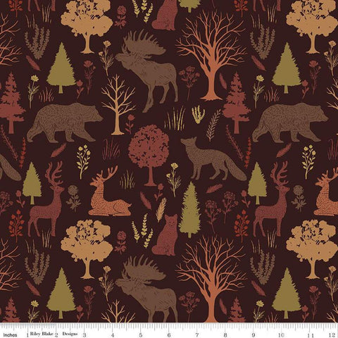 Image of Flannel Into the Woods Animals Brown flannel cotton fabric by Diane Labombarbe for Riley Blake Designs. Features wildlife on a brown background. Cute Little Fabric Shop