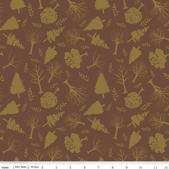 Image of Flannel Into the Woods Trees Brown flannel cotton fabric by Diane Labombarbe for Riley Blake Designs. Features plants on a brown background. Cute Little Fabric Shop