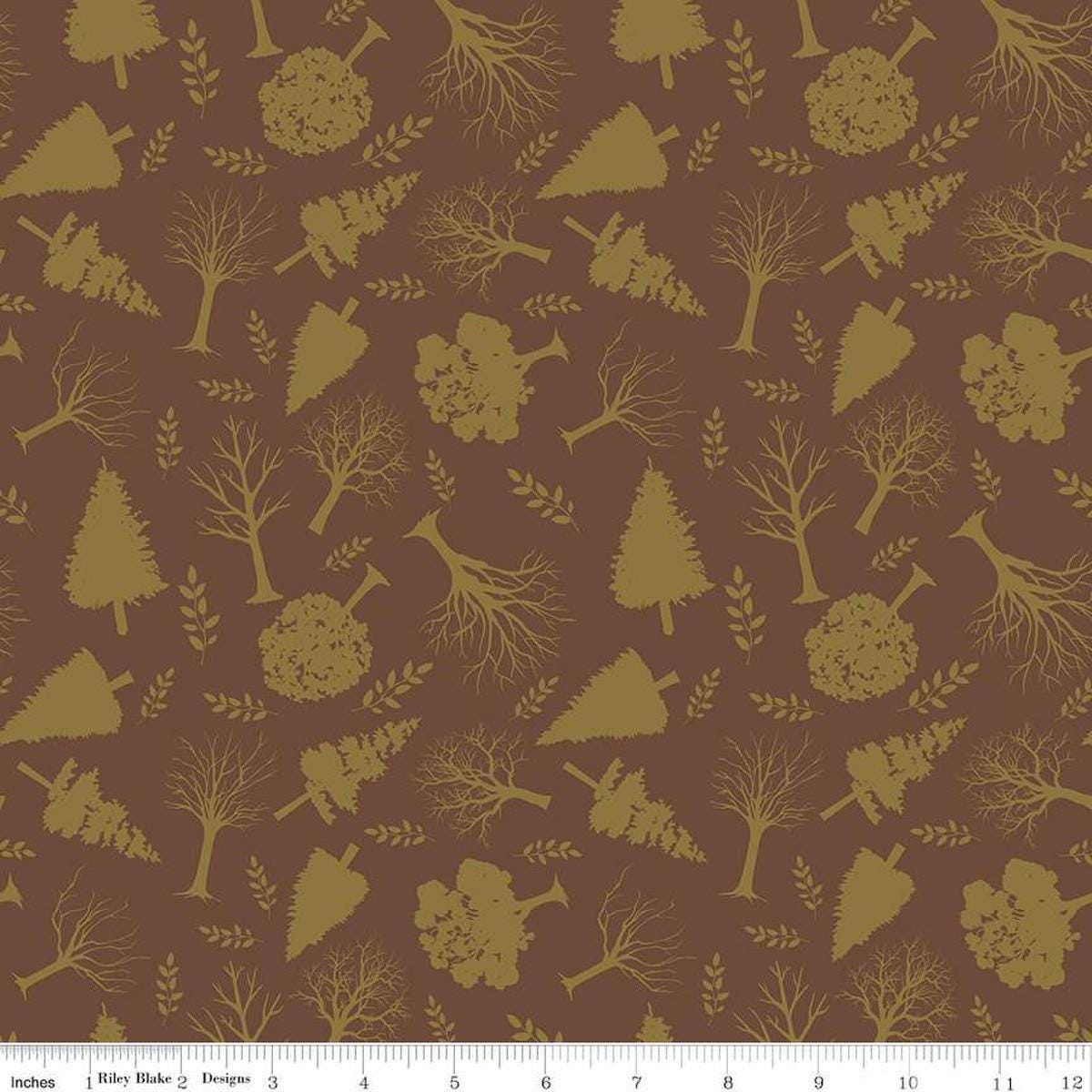 Image of Flannel Into the Woods Trees Brown flannel cotton fabric by Diane Labombarbe for Riley Blake Designs. Features plants on a brown background. Cute Little Fabric Shop