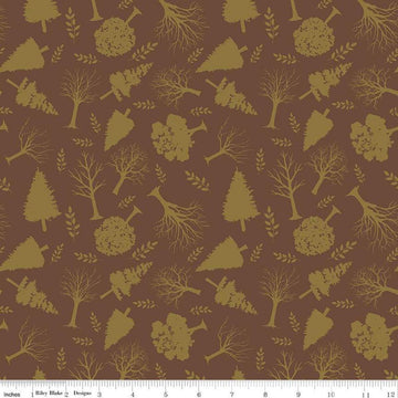 Image of Flannel Into the Woods Trees Brown flannel cotton fabric by Diane Labombarbe for Riley Blake Designs. Features plants on a brown background. Cute Little Fabric Shop