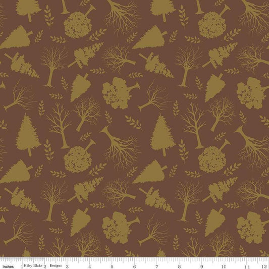 Image of Flannel Into the Woods Trees Brown flannel cotton fabric by Diane Labombarbe for Riley Blake Designs. Features plants on a brown background. Cute Little Fabric Shop
