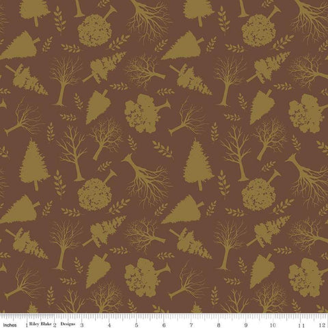 Image of Flannel Into the Woods Trees Brown flannel cotton fabric by Diane Labombarbe for Riley Blake Designs. Features plants on a brown background. Cute Little Fabric Shop