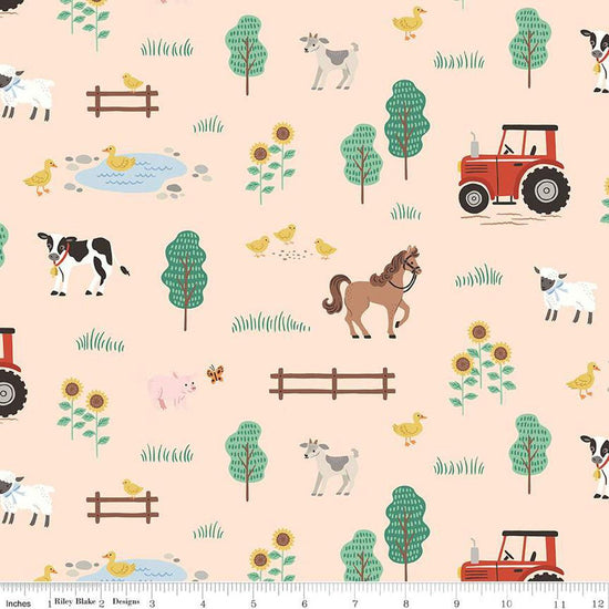 Image of One the Farm Farm Latte flannel cotton fabric by The RBD Designers for Riley Blake Designs. Features animals on a tan background. Cute Little Fabric Shop