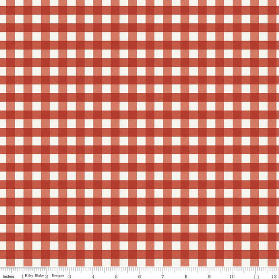 Image of One the Farm Plaid Red flannel cotton fabric by The RBD Designers for Riley Blake Designs. Features plaid on a red background. Cute Little Fabric Shop