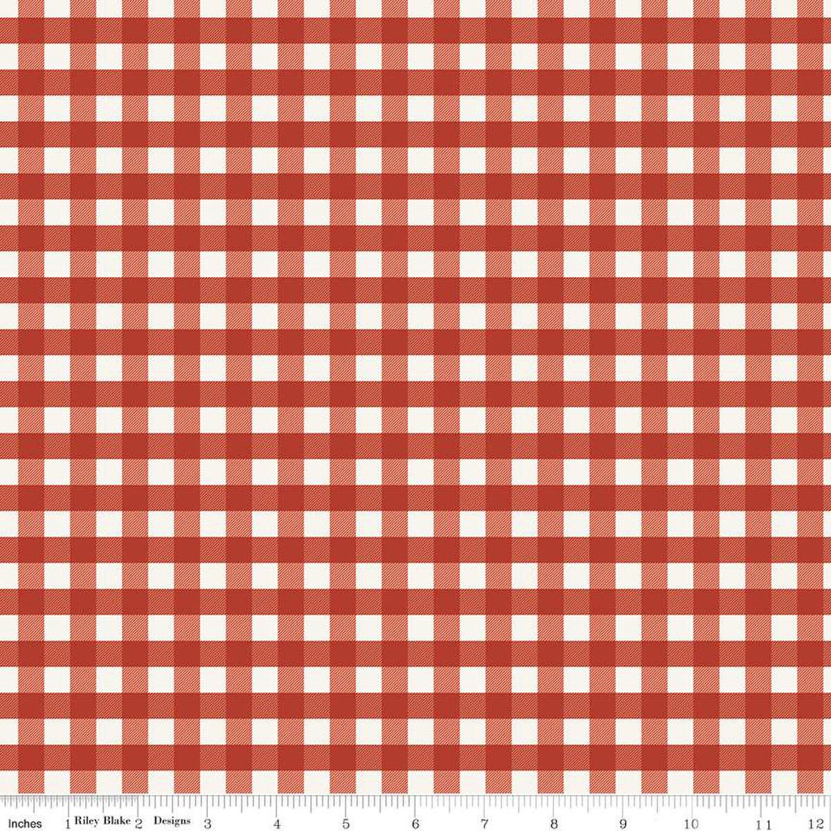 Image of One the Farm Plaid Red flannel cotton fabric by The RBD Designers for Riley Blake Designs. Features plaid on a red background. Cute Little Fabric Shop