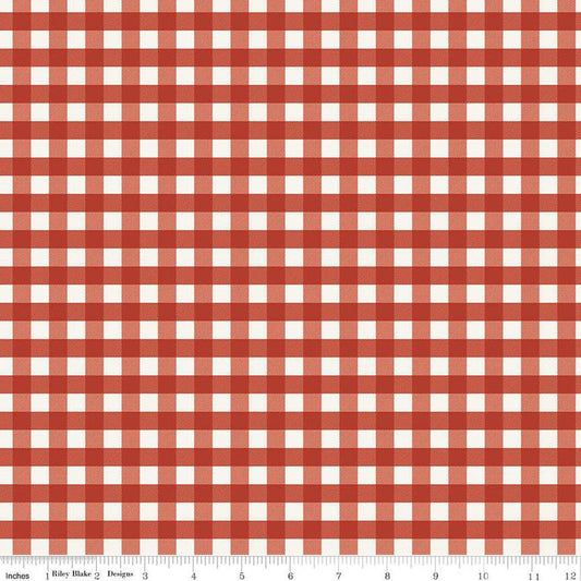 Image of One the Farm Plaid Red flannel cotton fabric by The RBD Designers for Riley Blake Designs. Features plaid on a red background. Cute Little Fabric Shop