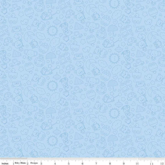 Image of Flannel Special Delivery Tonal Blue flannel cotton fabric by Doodlebug Design Inc. for Riley Blake Designs. Features toys on a blue background. Cute Little Fabric Shop