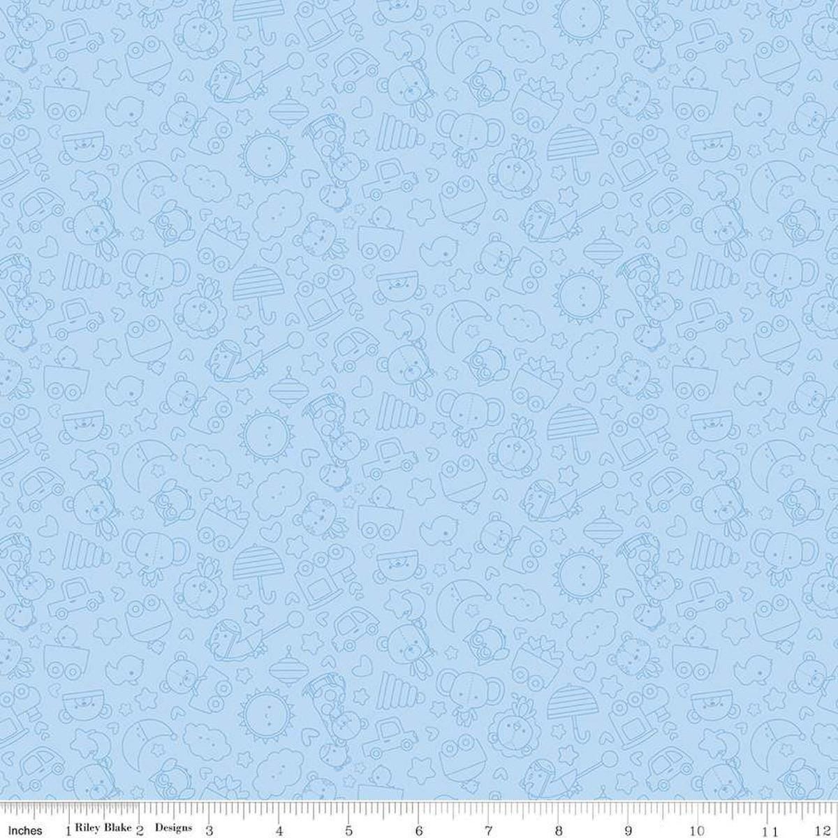 Image of Flannel Special Delivery Tonal Blue flannel cotton fabric by Doodlebug Design Inc. for Riley Blake Designs. Features toys on a blue background. Cute Little Fabric Shop