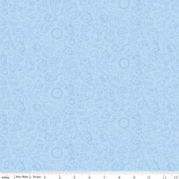 Image of Flannel Special Delivery Tonal Blue flannel cotton fabric by Doodlebug Design Inc. for Riley Blake Designs. Features toys on a blue background. Cute Little Fabric Shop