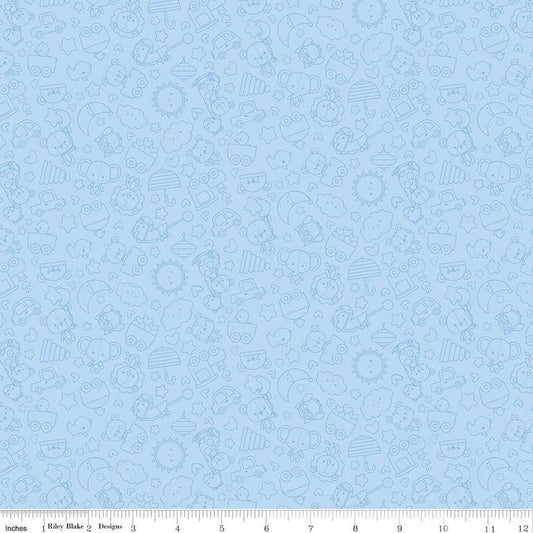Image of Flannel Special Delivery Tonal Blue flannel cotton fabric by Doodlebug Design Inc. for Riley Blake Designs. Features toys on a blue background. Cute Little Fabric Shop