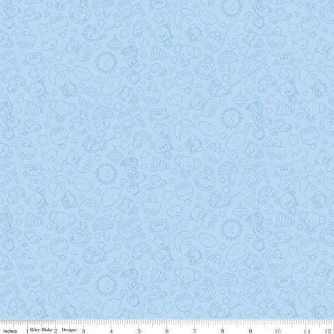 Image of Flannel Special Delivery Tonal Blue flannel cotton fabric by Doodlebug Design Inc. for Riley Blake Designs. Features toys on a blue background. Cute Little Fabric Shop