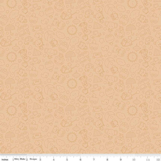 Image of Flannel Special Delivery Tonal Brown flannel cotton fabric by Doodlebug Design Inc. for Riley Blake Designs. Features toys on a tan background. Cute Little Fabric Shop