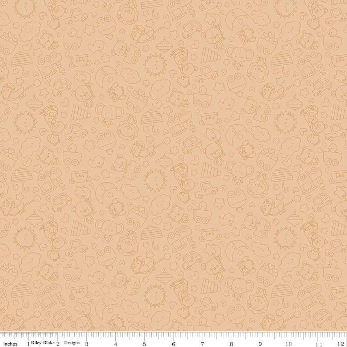 Image of Flannel Special Delivery Tonal Brown flannel cotton fabric by Doodlebug Design Inc. for Riley Blake Designs. Features toys on a tan background. Cute Little Fabric Shop