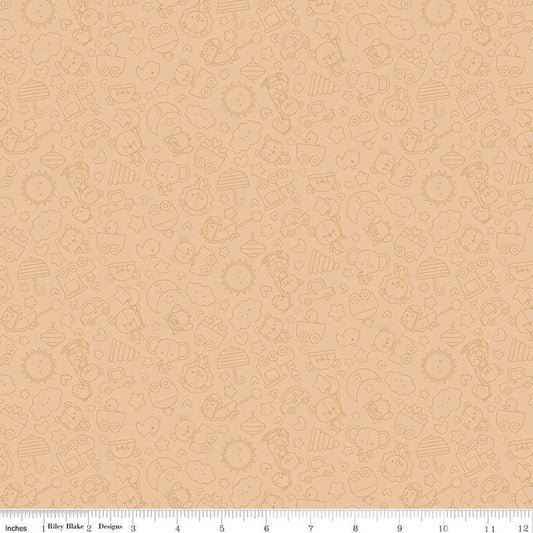 Image of Flannel Special Delivery Tonal Brown flannel cotton fabric by Doodlebug Design Inc. for Riley Blake Designs. Features toys on a tan background. Cute Little Fabric Shop