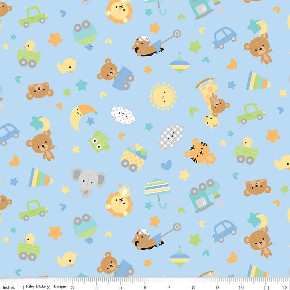Image of Flannel Special Delivery Toss Blue flannel cotton fabric by Doodlebug Design Inc. for Riley Blake Designs. Features toys on a blue background. Cute Little Fabric Shop