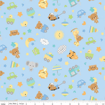 Image of Flannel Special Delivery Toss Blue flannel cotton fabric by Doodlebug Design Inc. for Riley Blake Designs. Features toys on a blue background. Cute Little Fabric Shop
