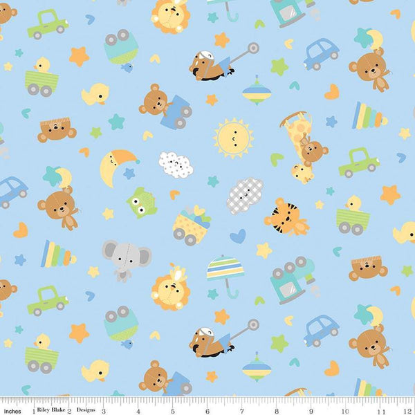 Image of Flannel Special Delivery Toss Blue flannel cotton fabric by Doodlebug Design Inc. for Riley Blake Designs. Features toys on a blue background. Cute Little Fabric Shop