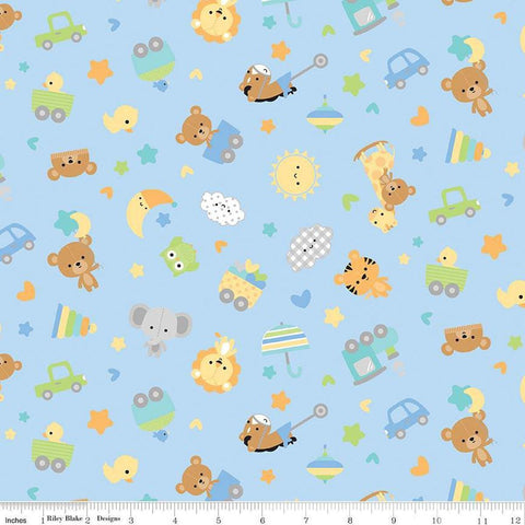 Image of Flannel Special Delivery Toss Blue flannel cotton fabric by Doodlebug Design Inc. for Riley Blake Designs. Features toys on a blue background. Cute Little Fabric Shop