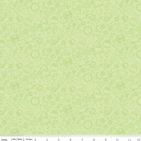 Image of Flannel Bundle of Joy Tonal Green flannel cotton fabric by Doodlebug Design Inc. for Riley Blake Designs. Features toys on a green background. Cute Little Fabric Shop