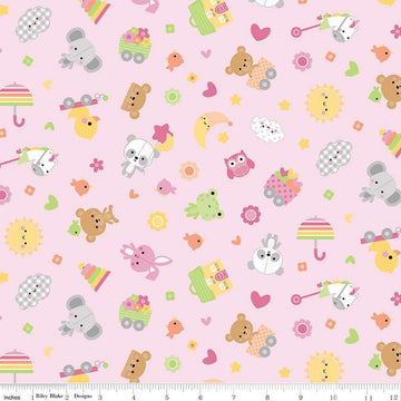 Image of Flannel Bundle of Joy Toss Pink flannel cotton fabric by Doodlebug Design Inc. for Riley Blake Designs. Features toys on a pink background. Cute Little Fabric Shop
