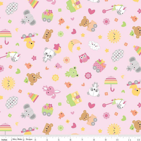 Image of Flannel Bundle of Joy Toss Pink flannel cotton fabric by Doodlebug Design Inc. for Riley Blake Designs. Features toys on a pink background. Cute Little Fabric Shop