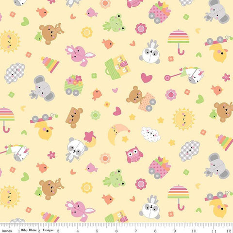 Image of Flannel Bundle of Joy Toss Yellow flannel cotton fabric by Doodlebug Design Inc. for Riley Blake Designs. Features toys on a yellow background. Cute Little Fabric Shop
