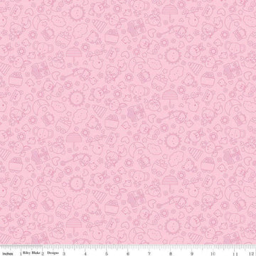 Image of Flannel Bundle of Joy Tonal Pink flannel cotton fabric by Doodlebug Design Inc. for Riley Blake Designs. Features toys on a pink background. Cute Little Fabric Shop