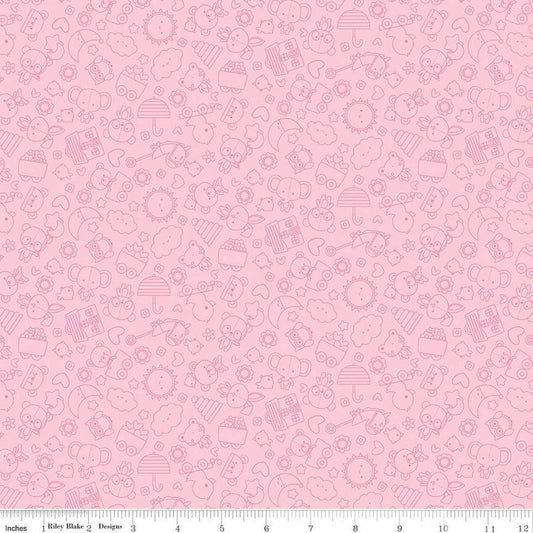 Image of Flannel Bundle of Joy Tonal Pink flannel cotton fabric by Doodlebug Design Inc. for Riley Blake Designs. Features toys on a pink background. Cute Little Fabric Shop