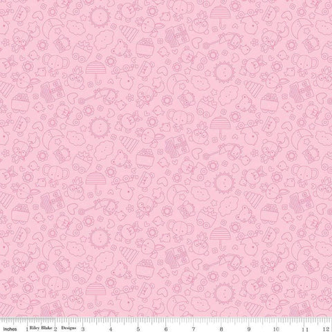Image of Flannel Bundle of Joy Tonal Pink flannel cotton fabric by Doodlebug Design Inc. for Riley Blake Designs. Features toys on a pink background. Cute Little Fabric Shop