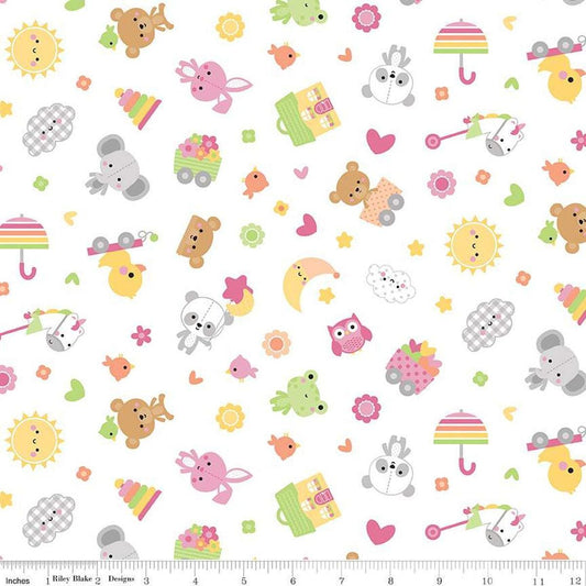 Image of Flannel Bundle of Joy White Yellow flannel cotton fabric by Doodlebug Design Inc. for Riley Blake Designs. Features toys on a white background. Cute Little Fabric Shop