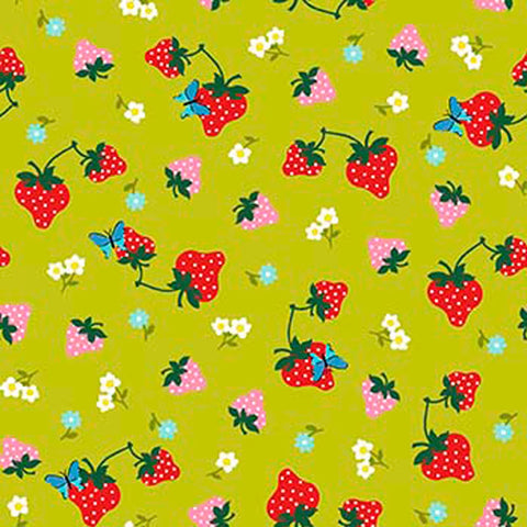 Image of Whimsies Strawberries Chartreuse quilting cotton fabric by Claire Holliday for QT Fabrics. Features strawberries on a green background. Cute Little Fabric Shop