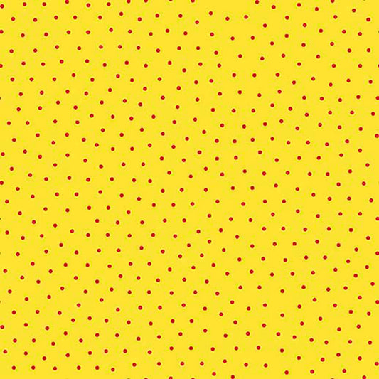 Image of Whimsies Dots Yellow quilting cotton fabric by Claire Holliday for QT Fabrics. Features dots on a yellow background. Cute Little Fabric Shop