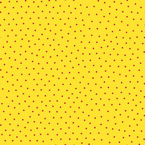 Image of Whimsies Dots Yellow quilting cotton fabric by Claire Holliday for QT Fabrics. Features dots on a yellow background. Cute Little Fabric Shop