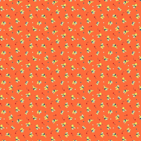 Image of Whimsies Dogs Orange quilting cotton fabric by Claire Holliday for QT Fabrics. Features dogs on an orange background. Cute Little Fabric Shop