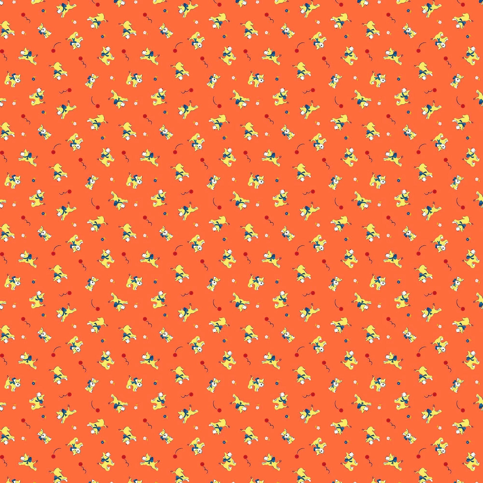 Image of Whimsies Dogs Orange quilting cotton fabric by Claire Holliday for QT Fabrics. Features dogs on an orange background. Cute Little Fabric Shop
