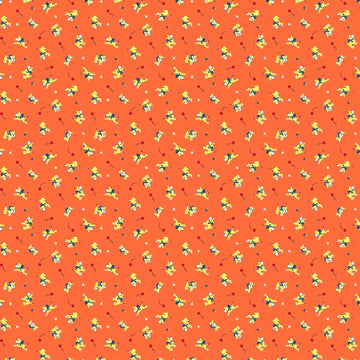 Image of Whimsies Dogs Orange quilting cotton fabric by Claire Holliday for QT Fabrics. Features dogs on an orange background. Cute Little Fabric Shop