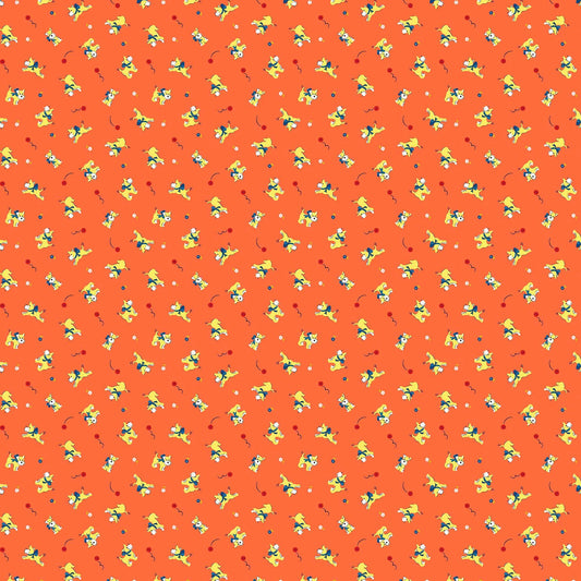 Image of Whimsies Dogs Orange quilting cotton fabric by Claire Holliday for QT Fabrics. Features dogs on an orange background. Cute Little Fabric Shop